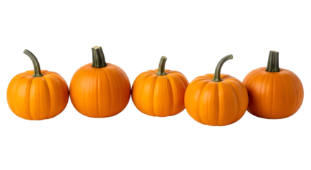 Five small orange pumpkins in a row isolated on transparent background
