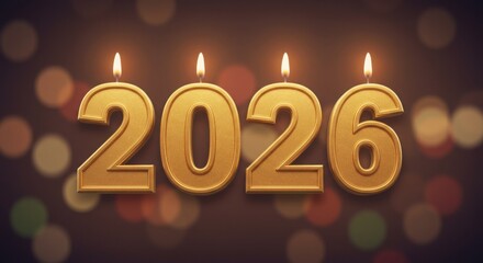 Gold candles forming the numbers 2026 on blurred festive background  