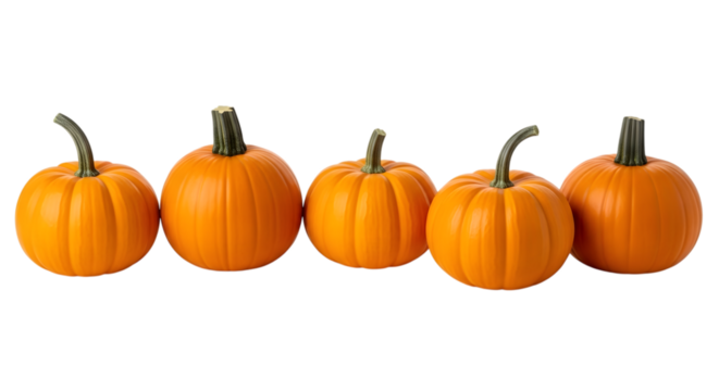Five small orange pumpkins in a row isolated on transparent background - Powered by Adobe