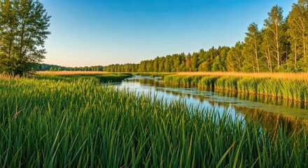 Obraz premium Serene river flanked by lush green reeds and trees under a clear sky
