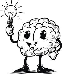 Mascot vector sketch hand drawn line art on icon, cartoon brain character holding light bulb — stock vector