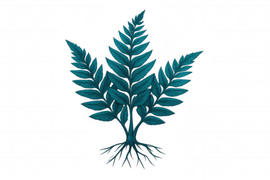 Turquoise fern botanical drawing, highlighting intricate root system against transparent background