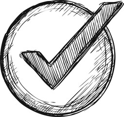 Check mark vector sketch hand drawn line art on icon, check mark in doodle style inside — stock vector