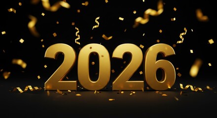 Golden 2026 numbers with confetti for New Year celebration  