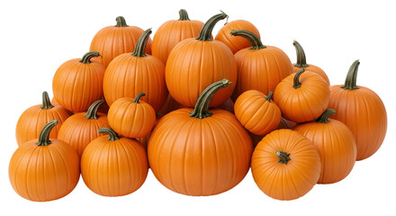 A large pile of fresh, ripe orange pumpkins of various sizes, isolated on a transparent background