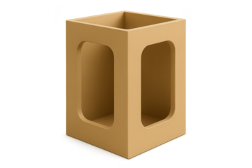 Beige minimalistic cube with cut-out openings on a transparent background