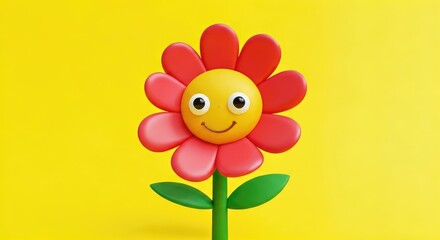 Cute cartoon flower with smiley face on yellow background