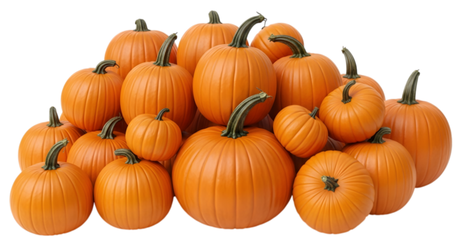 A large pile of fresh, ripe orange pumpkins of various sizes, isolated on a transparent background