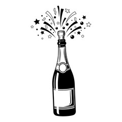 Champagne Bottle with Popping Cork and Celebration Confetti