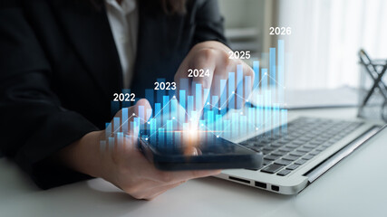 Business bar chart and line graph showing yearly business growth from 2022 to new year 2026,...