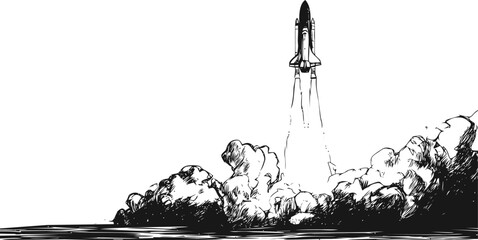 Rocket vector sketch hand drawn line art in outline, rocket launch in black and white — stock vector