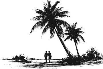 Tropical vector sketch hand drawn in nature, tropical beach scene with palm trees — stock vector