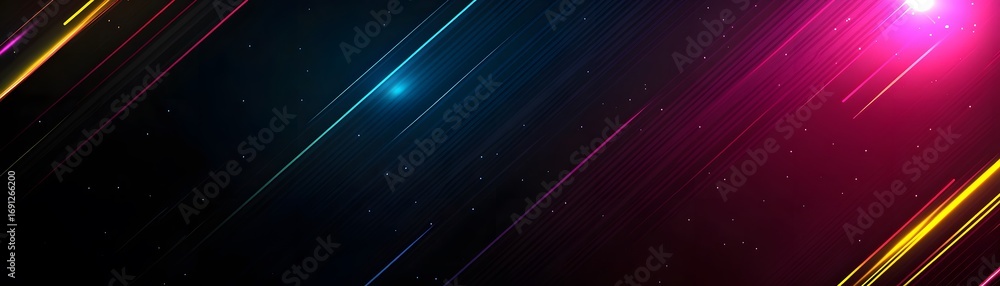 Poster diagonal streaks of vibrant colors radiate across a dark background, creating a dynamic and energeti