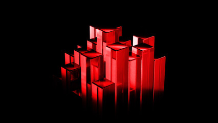 Abstract three dimensional rendering depicting red glowing cubes and parallelepipeds forming a...