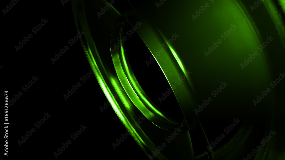 Poster smooth, curved green metallic swirls intertwine and overlap, forming an abstract composition against
