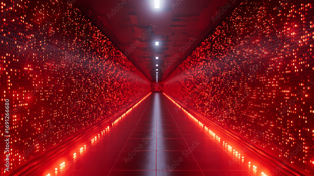 Aufkleber red lights illuminating a server room corridor, with streams of data flowing across the walls, creat