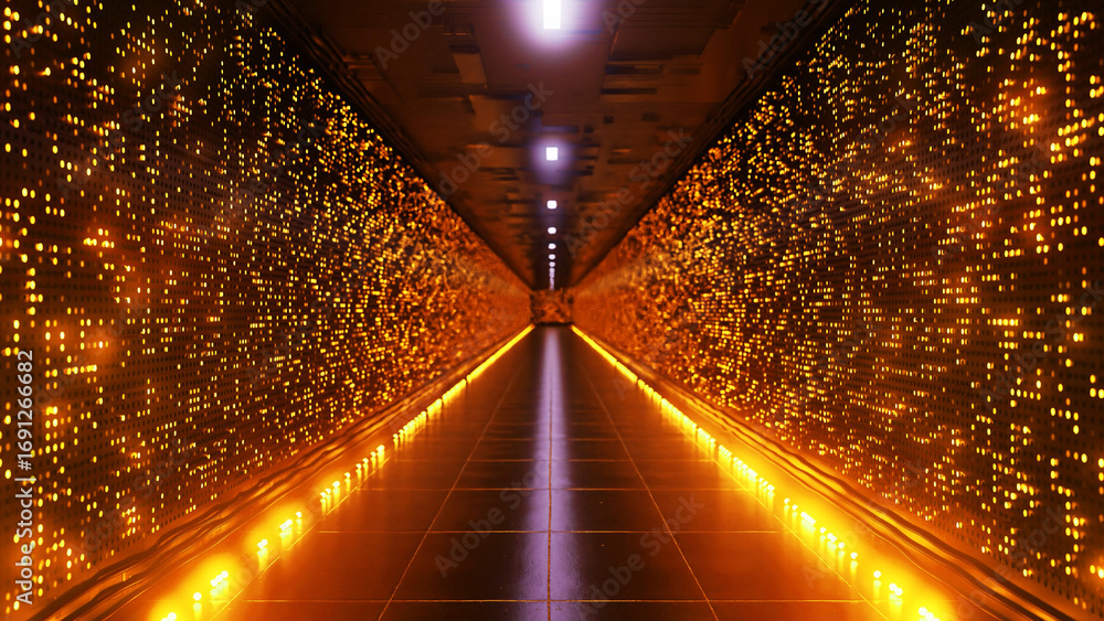 Poster orange lights illuminating a server room corridor, highlighting the flow of data and creating a stri