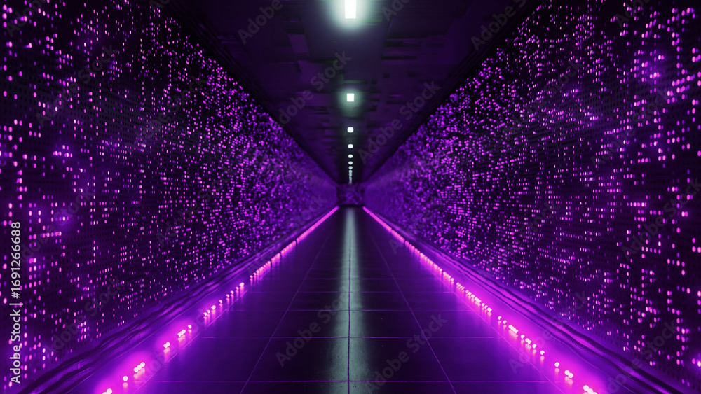 Aufkleber glowing purple lights illuminating a server room corridor, creating a captivating futuristic atmosph