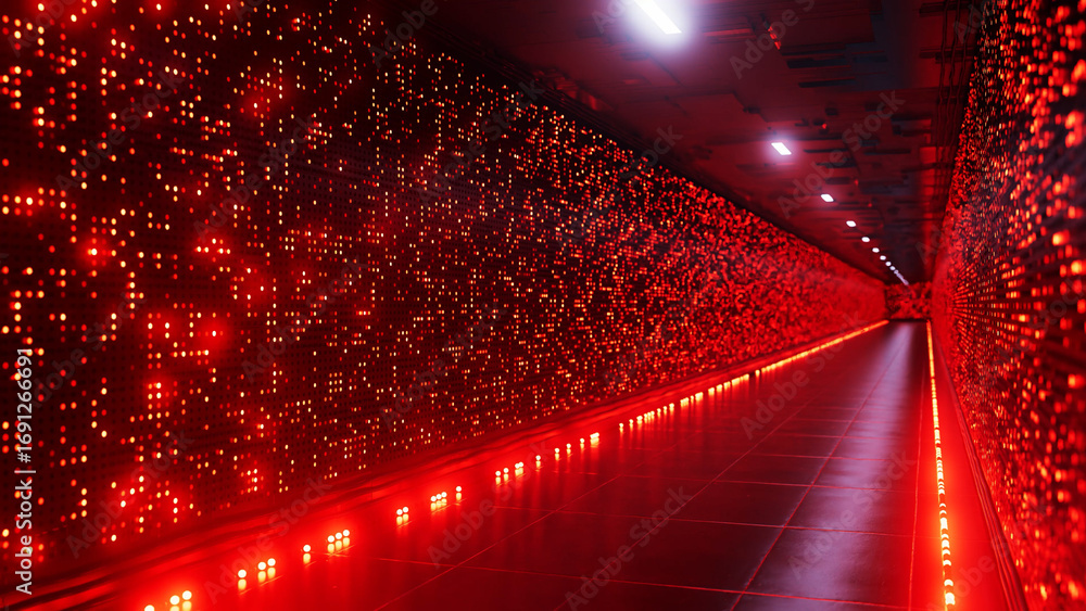 Poster red lights illuminating a server room corridor with data flowing, symbolizing cloud computing, big d