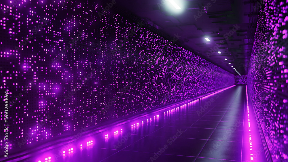 Poster purple lights illuminate a server room corridor, creating a futuristic and technologically advanced 