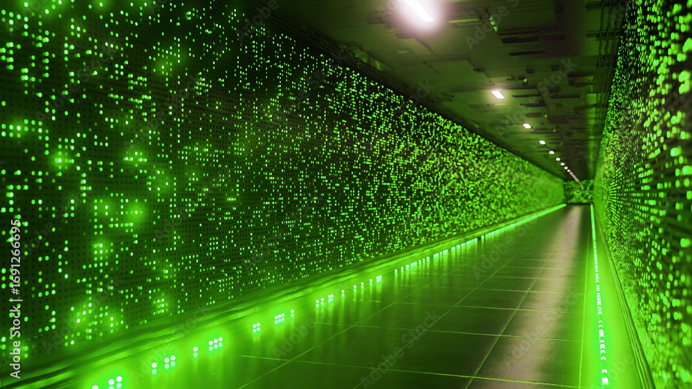 Poster green binary code flowing on the walls of a server room corridor creates an abstract digital atmosph