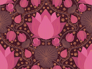 Seamless damask luxury lotus pattern with shades of pink and copper color