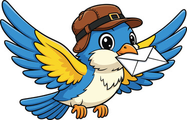 Cute blue cartoon bird flying with envelope in beak wearing brown hat, mail delivery mascot, postal service, communication concept illustration
