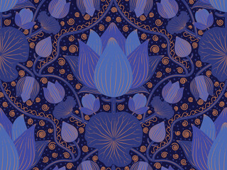 Seamless damask luxury lotus pattern with the shades of royal blue and copper color