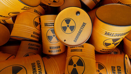Numerous yellow barrels containing radioactive waste are stacked haphazardly, highlighting the...