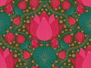 Seamless damask luxury lotus pattern with the shades of ruby pink, emerald green and copper color
