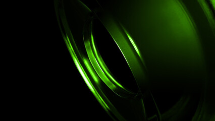 Smooth, curved green metallic swirls intertwine and overlap, forming an abstract composition against a dark backdrop, creating a sense of depth and modern elegance
