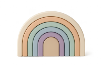 Pastel rainbow stacker toy isolated on a transparent background, neutral tones