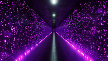 Glowing purple lights illuminating a server room corridor, creating a captivating futuristic atmosphere while symbolizing the dynamic flow of digital information and connectivity