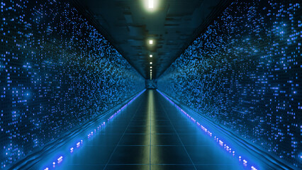 Big data is flowing through servers in a server room corridor of a futuristic datacenter, creating an abstract digital information communication network