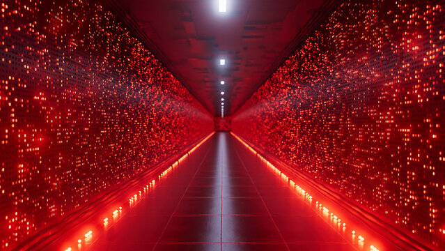 Red lights illuminating a server room corridor, with streams of data flowing across the walls, creating an immersive futuristic atmosphere rich in technology and innovation