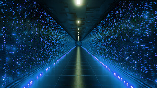 Big data is flowing through servers in a server room corridor of a futuristic datacenter, creating an abstract digital information communication network