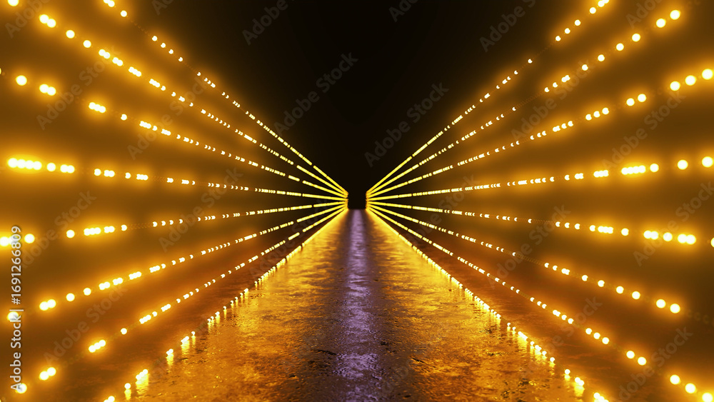 Aufkleber golden lights are forming lines along a wet concrete path leading into a dark unknown space, creatin