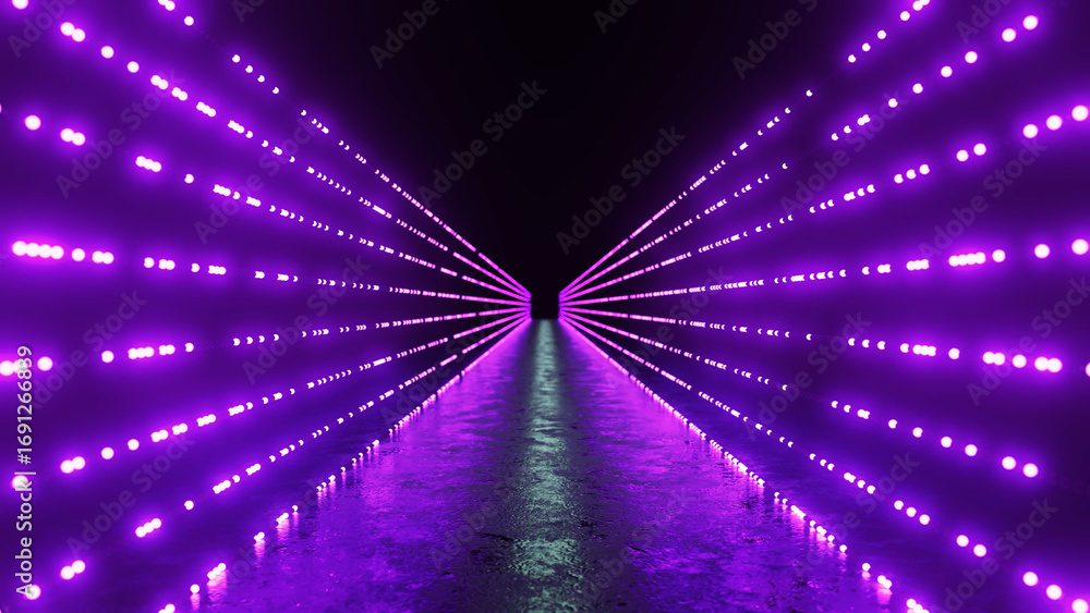 Poster rows of glowing purple neon lights create a futuristic tunnel leading into a dark, mysterious space,