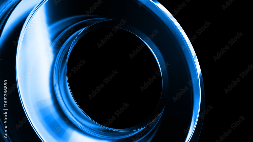 Poster abstract blue swirling shapes forming a circular frame against a black background, creating a dynami