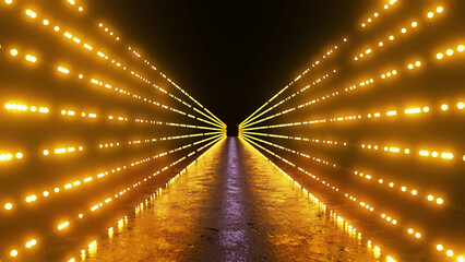 Golden lights are forming lines along a wet concrete path leading into a dark unknown space,...