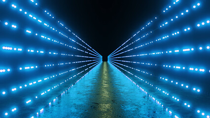 Wet floor reflecting rows of glowing blue lights creating a futuristic corridor leading to a dark...