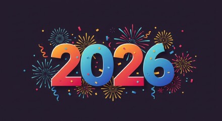Fototapeta premium Colorful fireworks and 2026 text for New Year celebration 