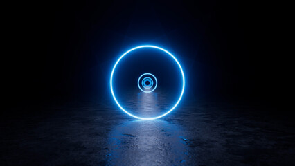 Bright blue neon light forming a circle bathes a dark room in vibrant illumination, highlighting a...