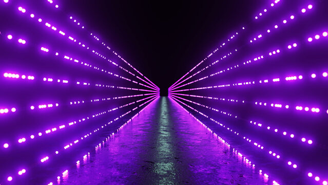 Rows of glowing purple neon lights create a futuristic tunnel leading into a dark, mysterious space, with reflections adding depth to the scene