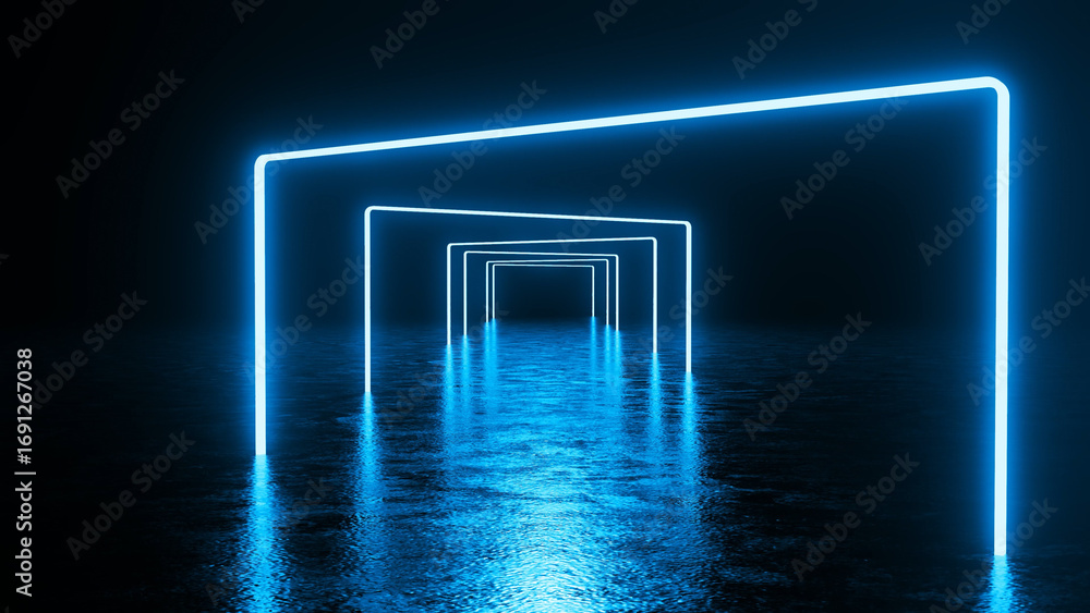 Poster futuristic neon glowing blue rectangle gates forming a tunnel in a dark space with reflective floor 