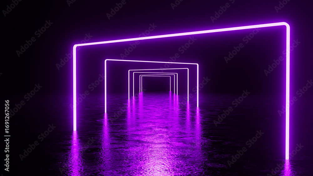 Aufkleber glowing purple neon light square frame tunnel reflecting on a wet floor, creating a stunning abstrac