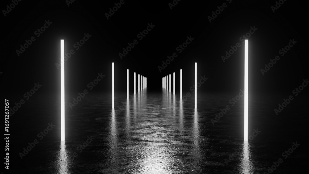 Poster rows of glowing vertical neon lights create a mysterious and futuristic pathway across a dark, wet s