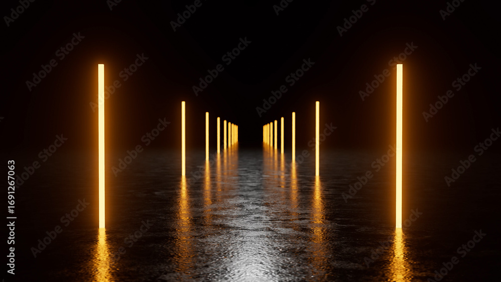 Poster rows of orange neon lights are illuminating a dark wet path leading into a mysterious darkness, crea