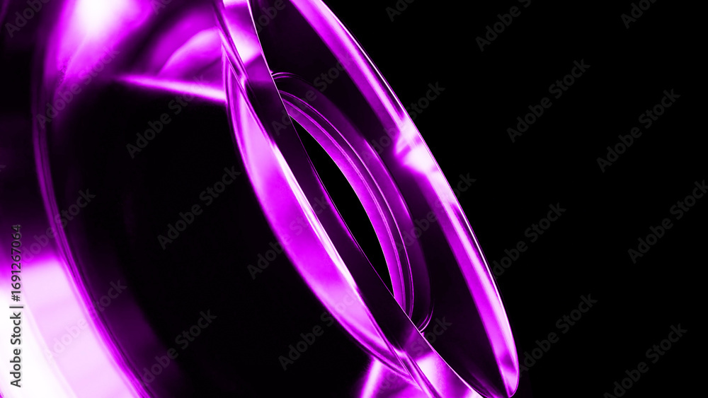 Poster glowing purple metallic shape resting against a deep black background, creating a modern and abstrac
