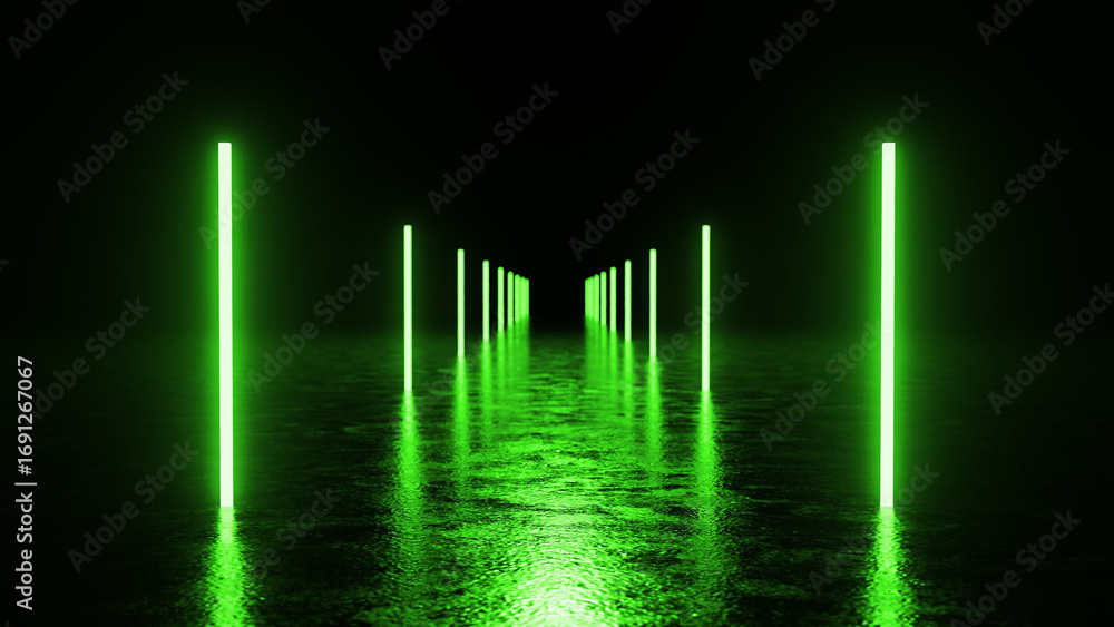 Poster glowing green neon lights create a mysterious and futuristic path in a dark room, with vibrant refle